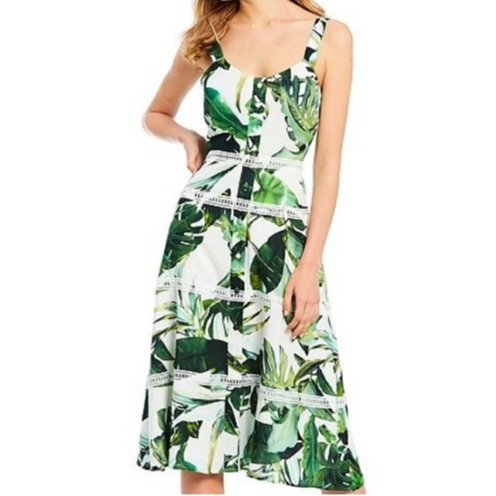 Gianni Bini Green Monica Palm Print A Line Midi Casual Dress